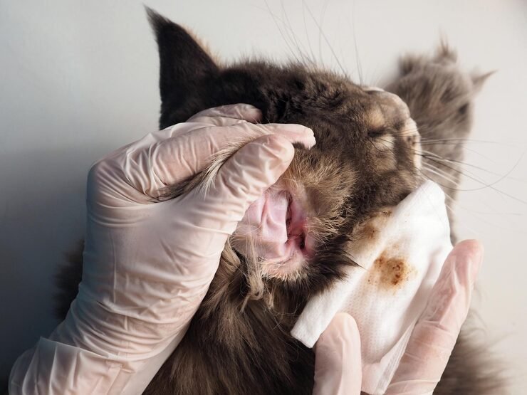 Indoor cat receiving parasite prevention care from vet